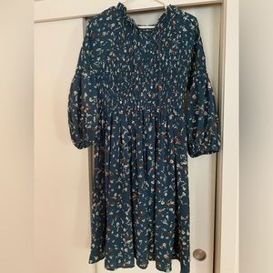 Puffed sleeve smocked midi dress
